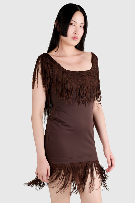 Vintage 1992 S/S Ozbek Brown Fringed Dress