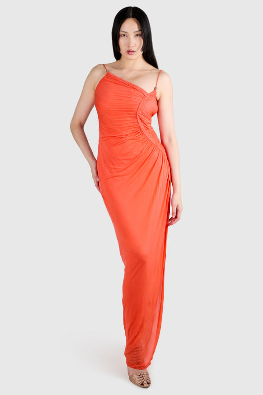 Vintage 2000's Roberto Cavalli Orange Bodycon Ruched Maxi Dress