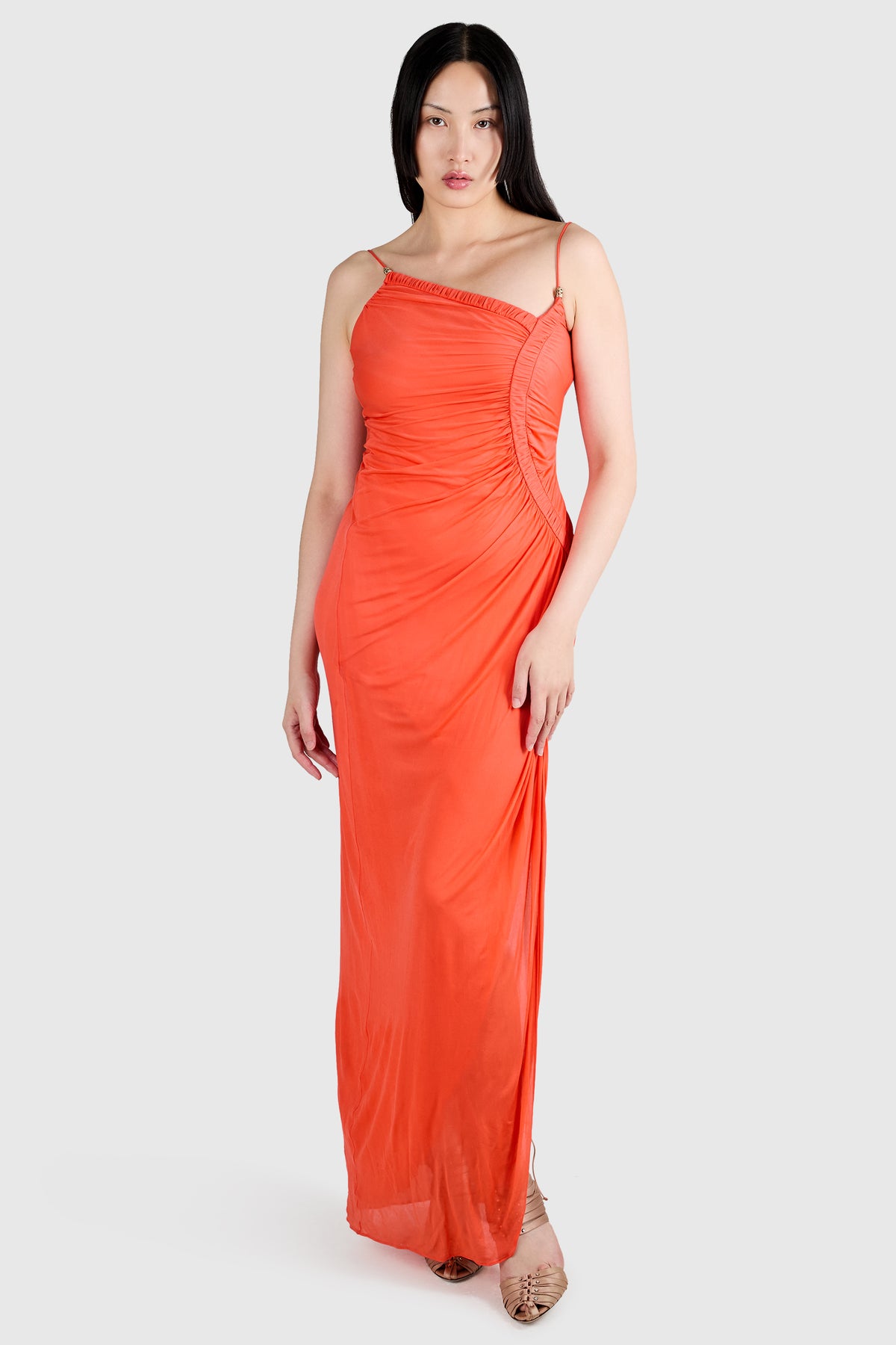 Vintage 2000's Roberto Cavalli Orange Bodycon Ruched Maxi Dress