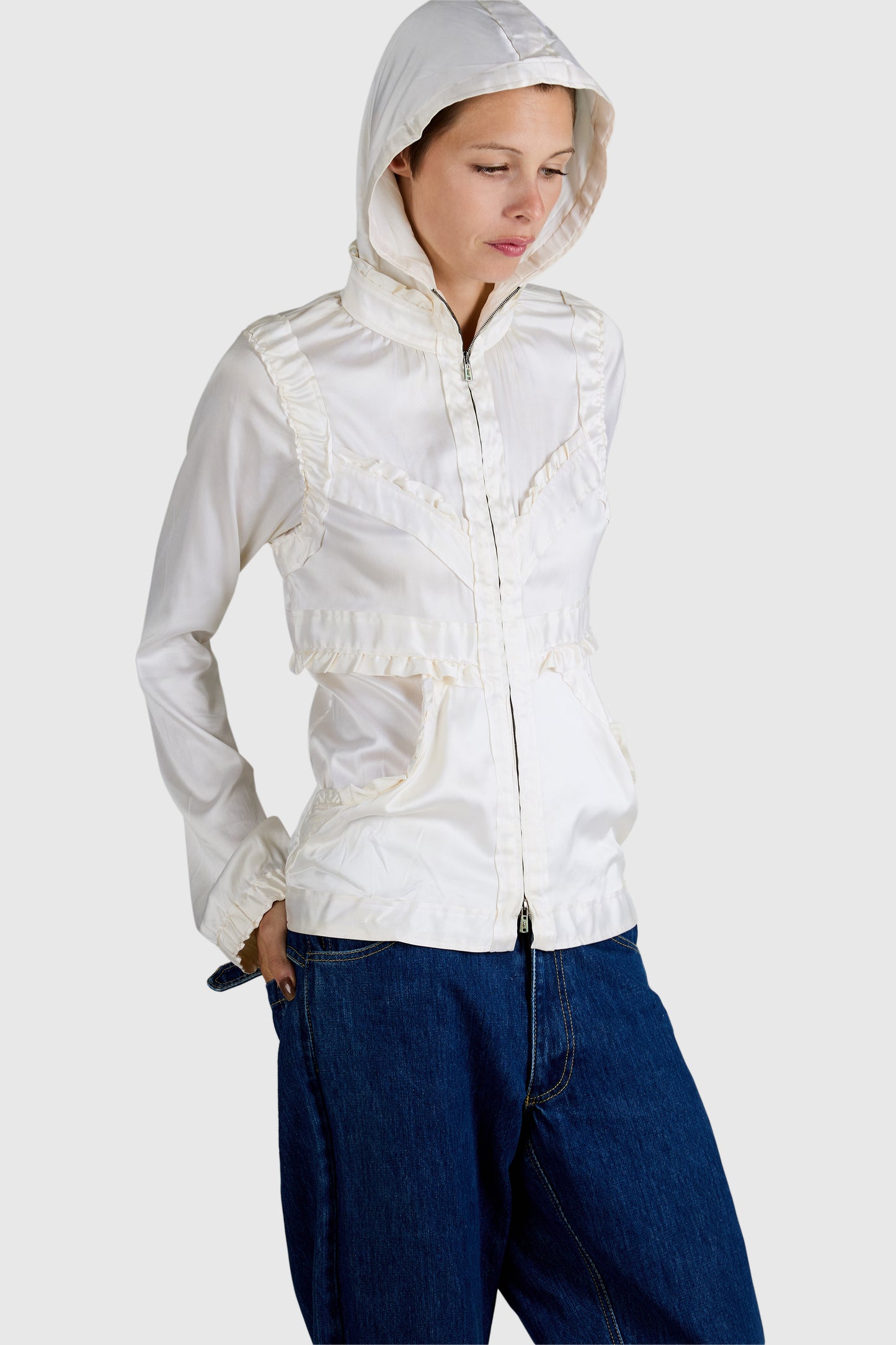 Vintage 2002 Yves Saint Laurent Ivory Silk Hooded Zip Blouse