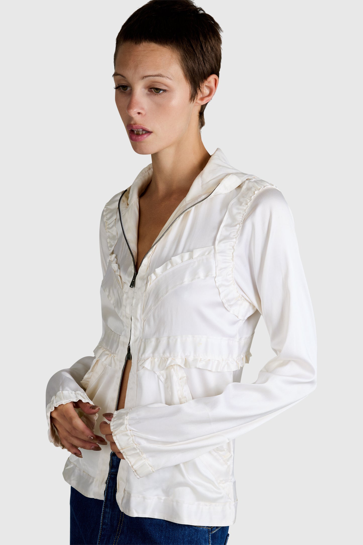 Vintage 2002 Yves Saint Laurent Ivory Silk Hooded Zip Blouse
