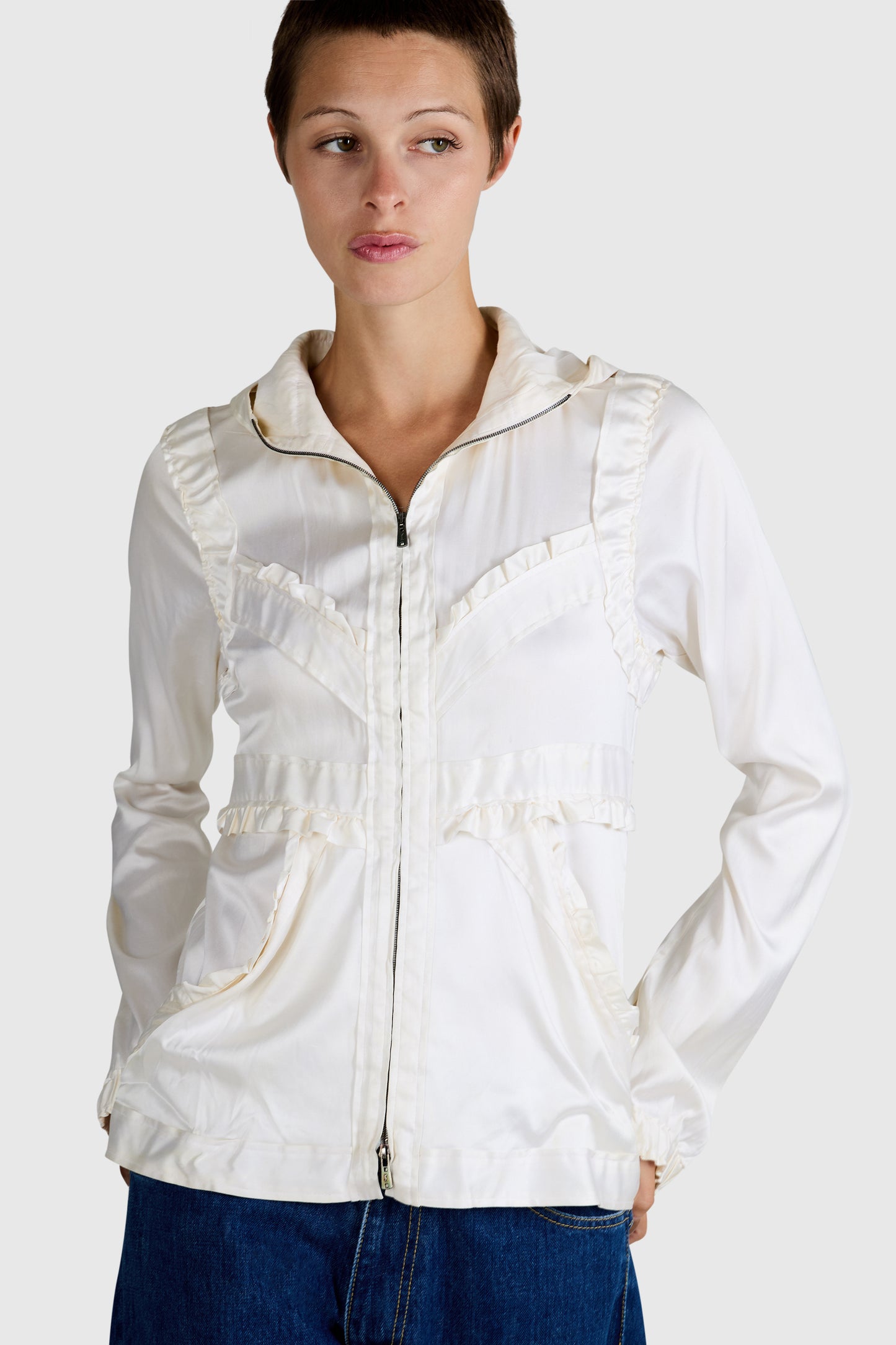Vintage 2002 Yves Saint Laurent Ivory Silk Hooded Zip Blouse