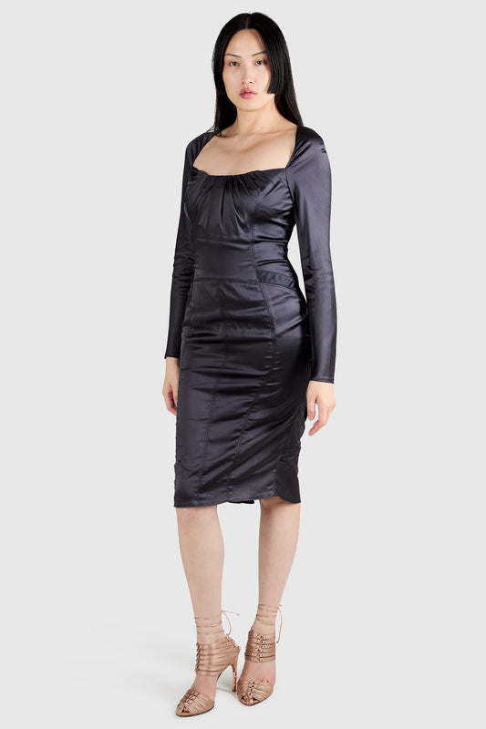 Vintage Gucci Grey Satin F/W 2003 Ruched Details Longsleeves Dress