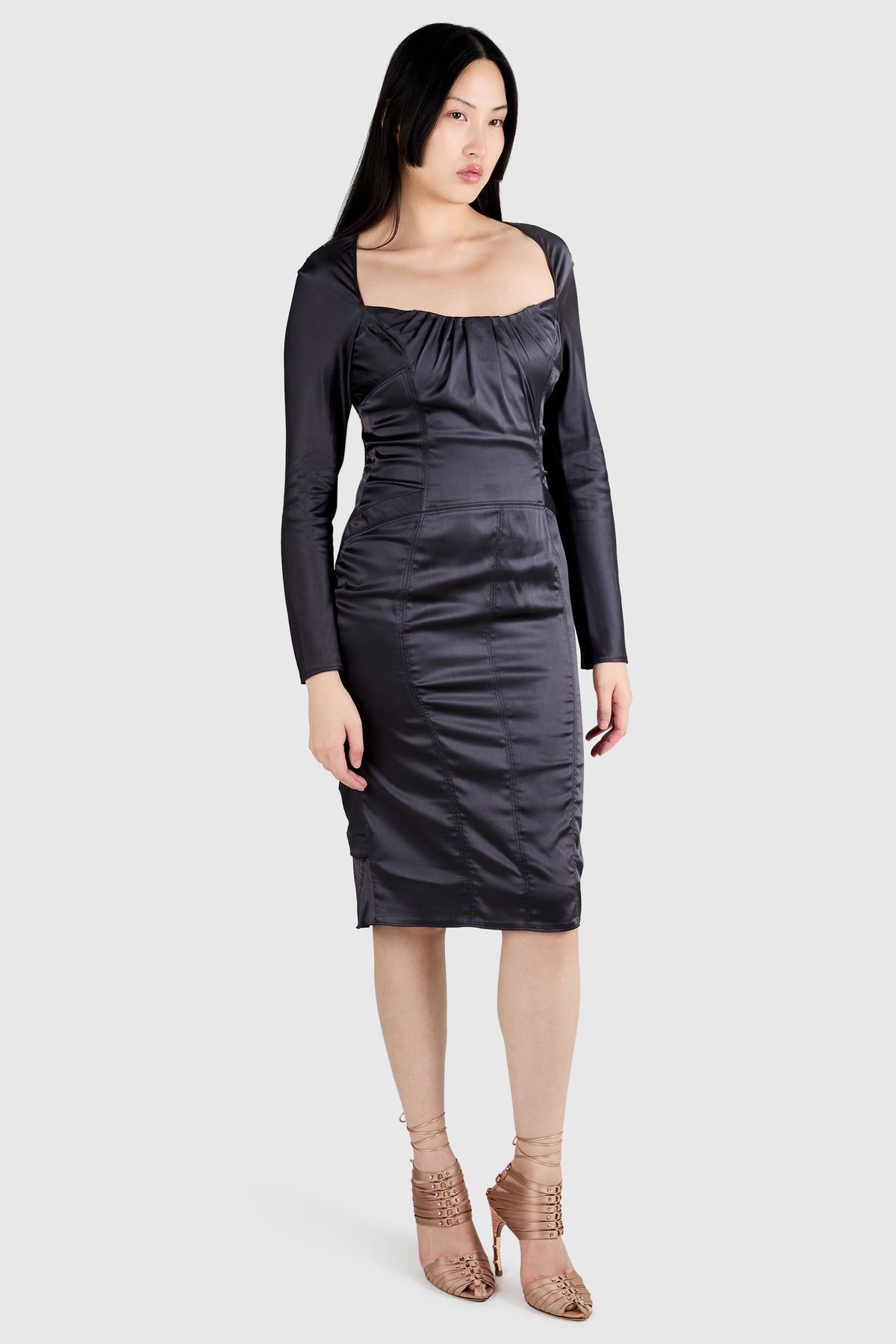 Vintage Gucci Grey Satin F/W 2003 Ruched Details Longsleeves Dress