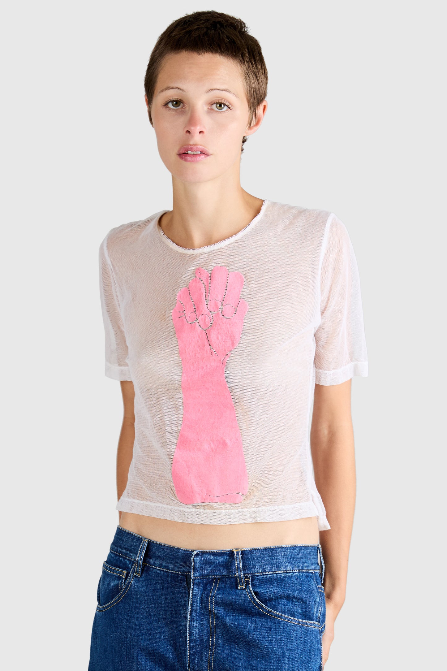 Vintage 1990's Vivienne Westwood Pink " Fist Solidarity" Mesh T-shirt