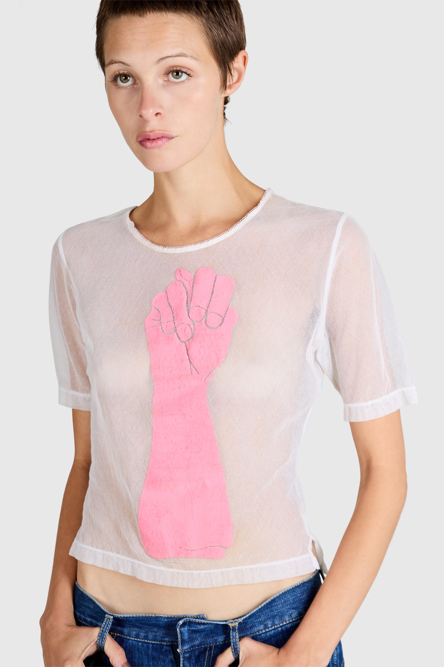 Vintage 1990's Vivienne Westwood Pink " Fist Solidarity" Mesh T-shirt