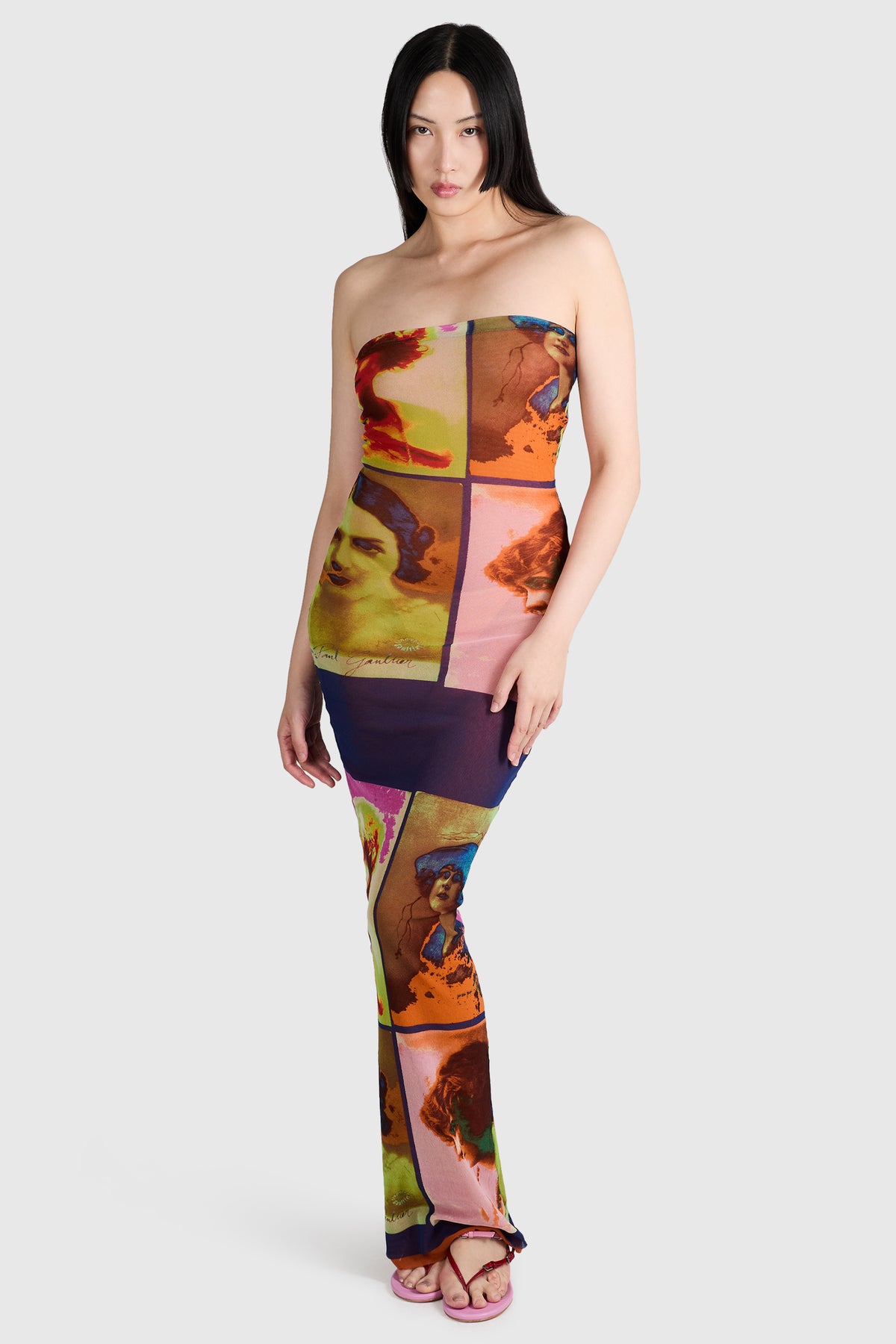 Jean Paul Gaultier S/S 2002 Portrait Print Mesh Tube Dress