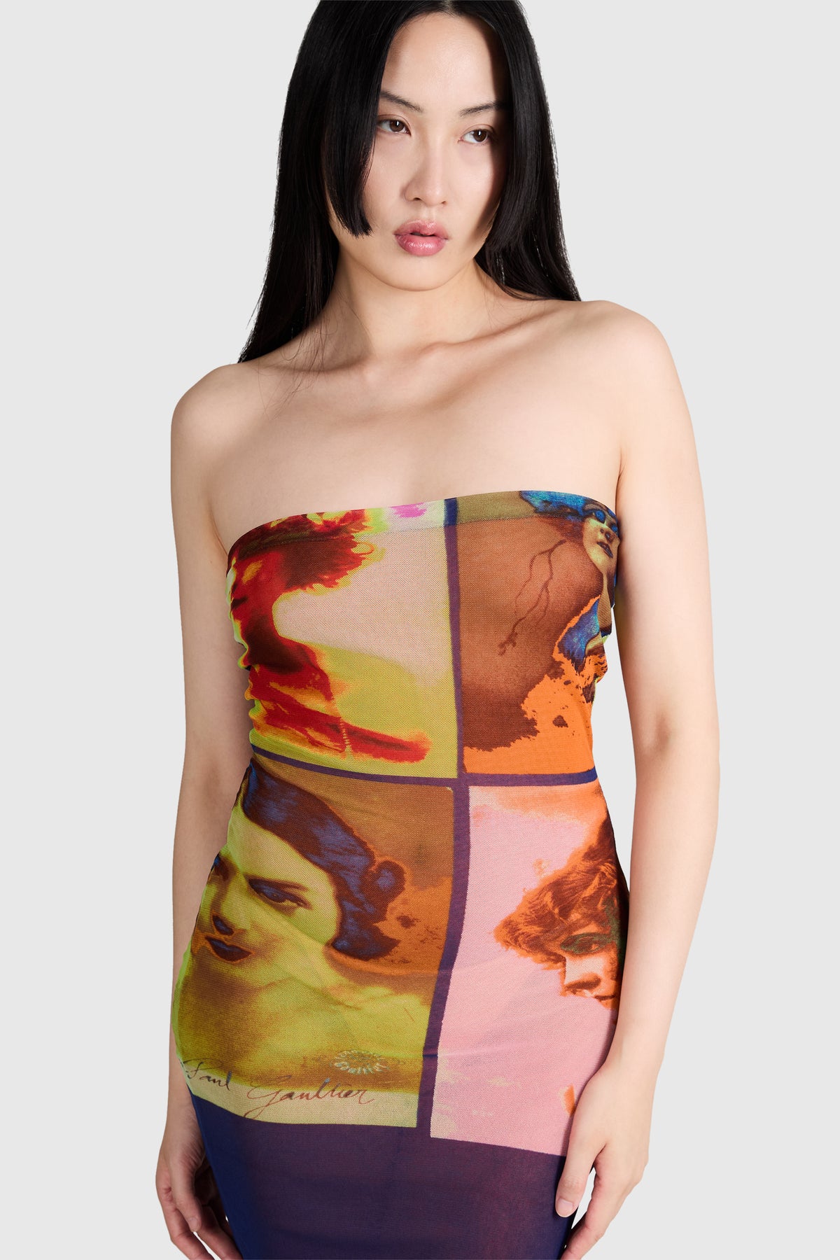 Jean Paul Gaultier S/S 2002 Portrait Print Mesh Tube Dress