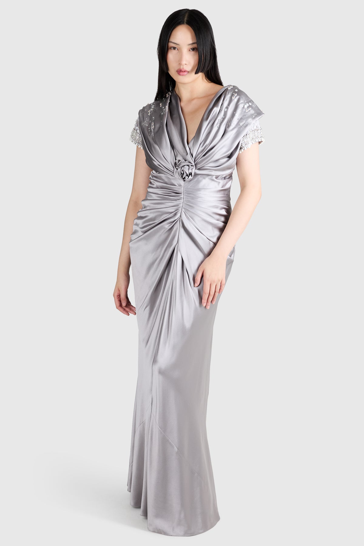 Vintage Christian Dior S/S 2008 Grey Satin Beaded Gown