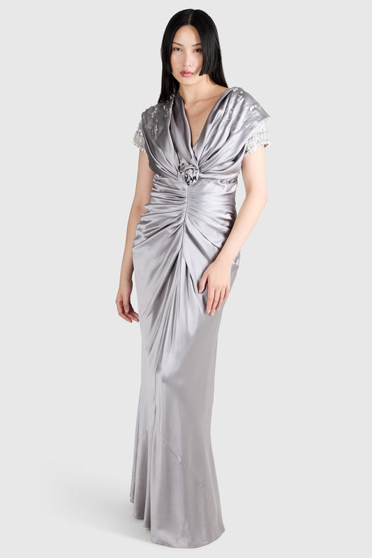 Vintage Christian Dior S/S 2008 Grey Satin Beaded Gown