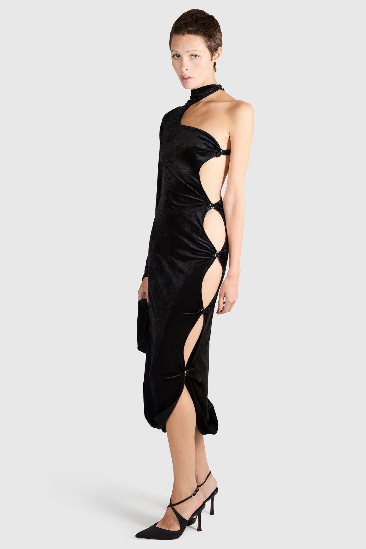 Vintage 1978's Swanky Modes " Armophous " Black Velvet Maxi Cutout Dress