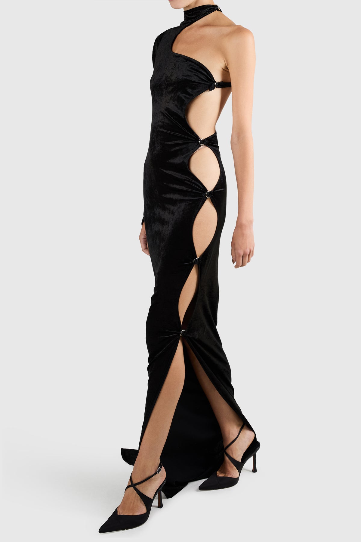 Vintage 1978's Swanky Modes " Armophous " Black Velvet Maxi Cutout Dress