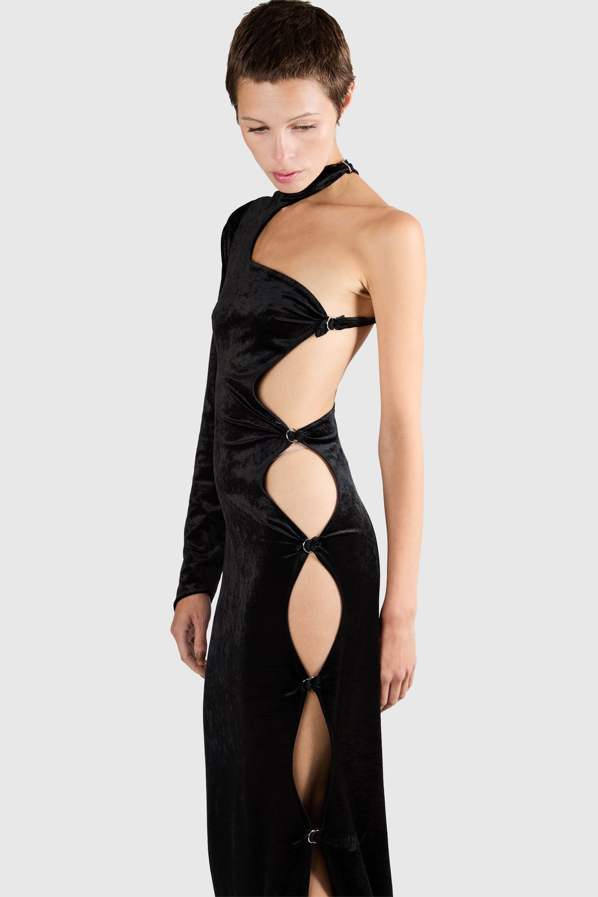 Vintage 1978's Swanky Modes " Armophous " Black Velvet Maxi Cutout Dress