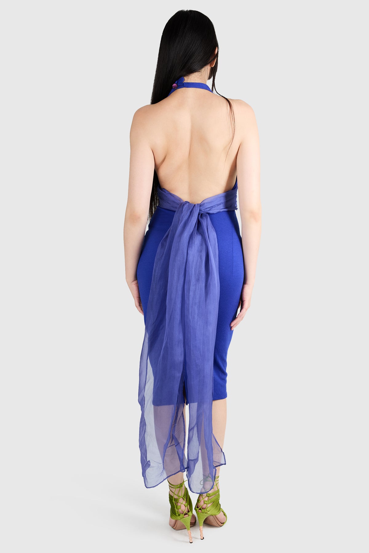 Vintage 1970's Swanky Mode Cobalt Blue Draped Halter Midi Dress