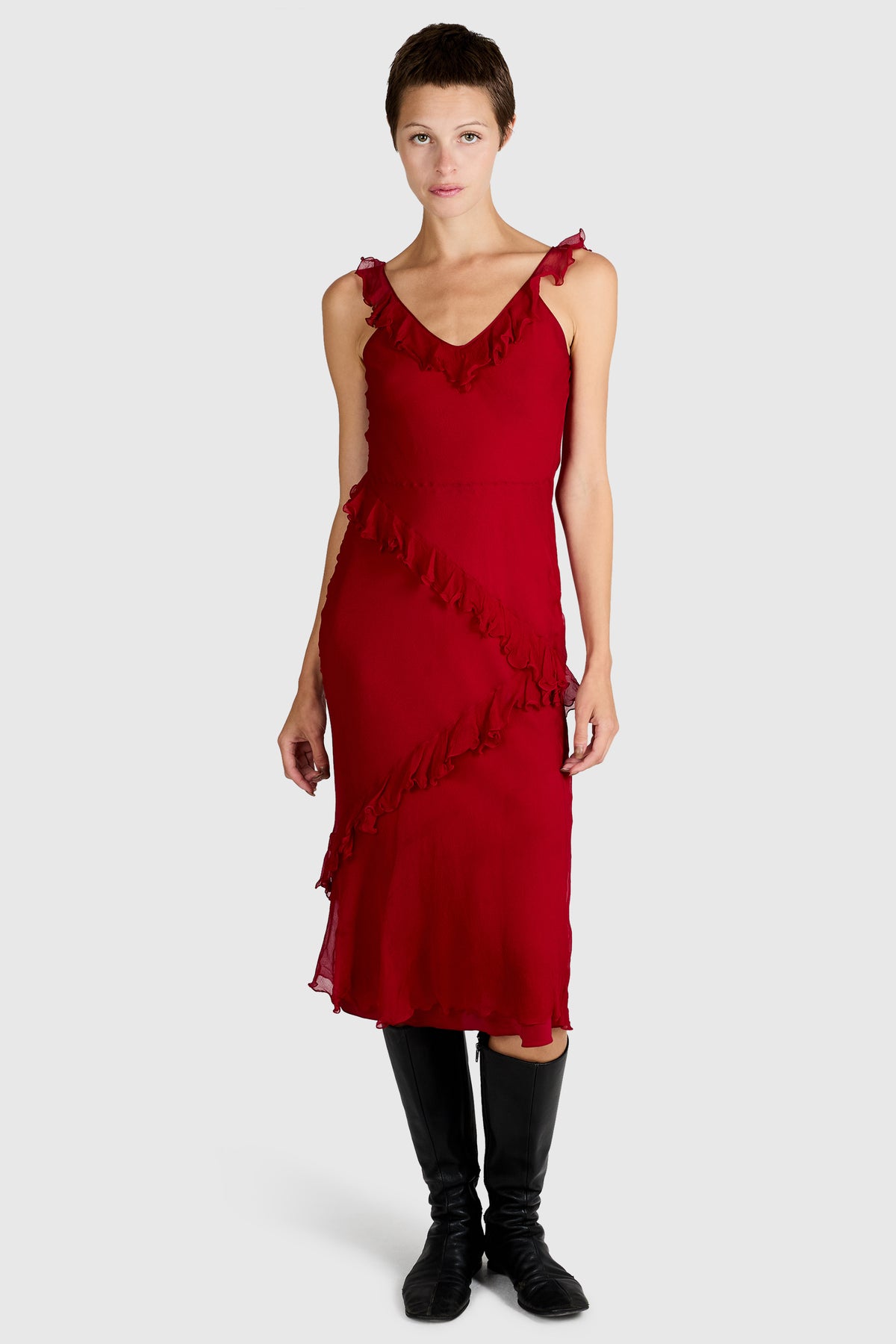 Vintage 2000's Christian Dior Red Silk Ruffle Dress