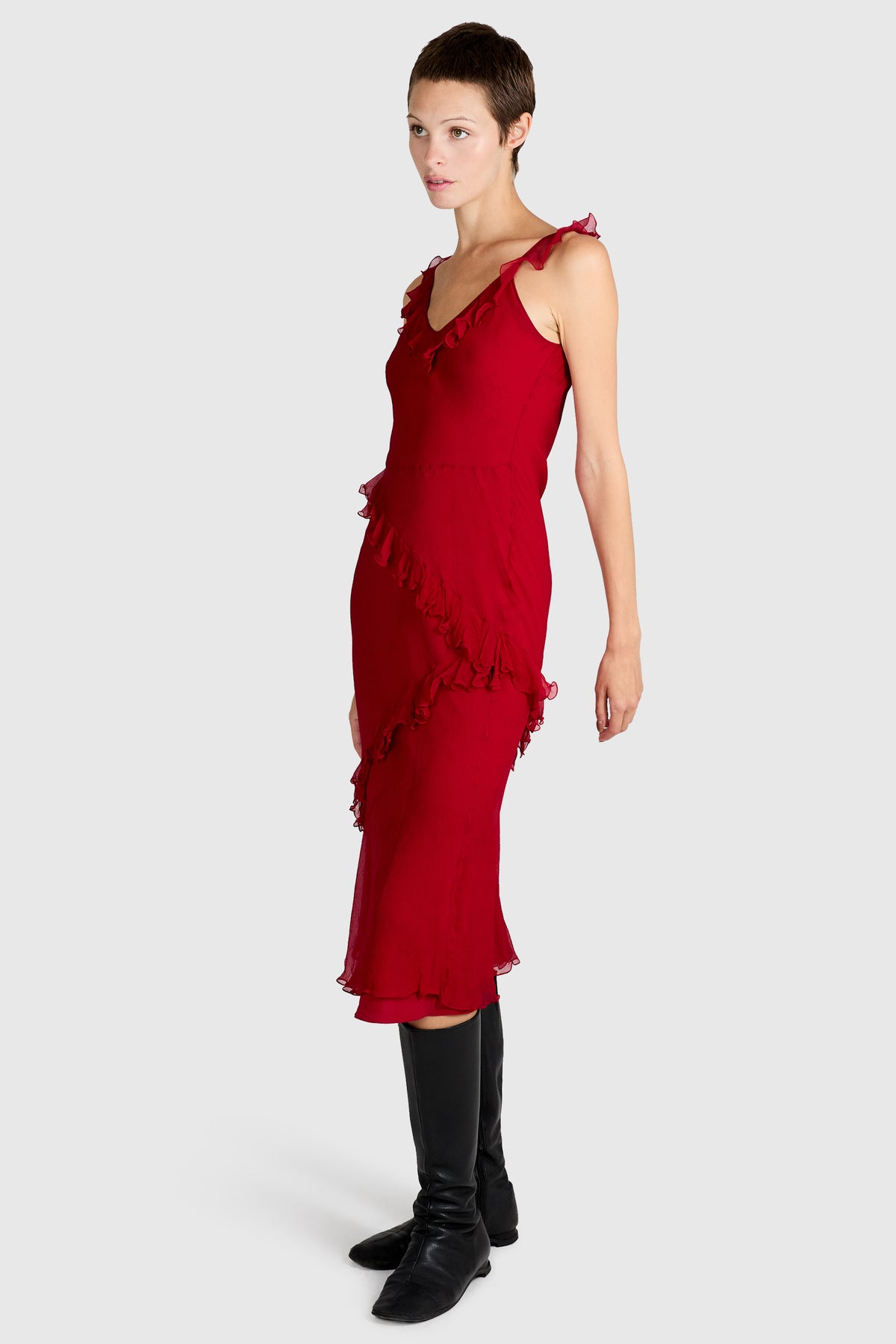 Vintage 2000's Christian Dior Red Silk Ruffle Dress