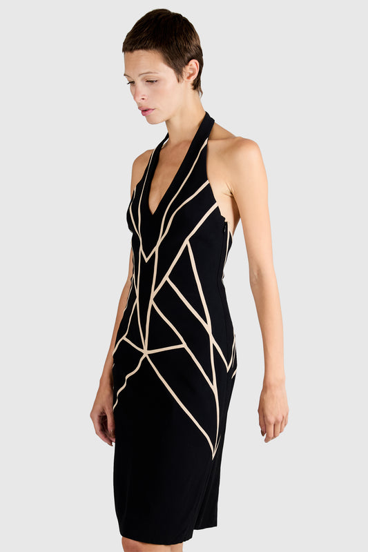 Vintage Alexander McQueen 2008 Black Graphic Halterneck Dress