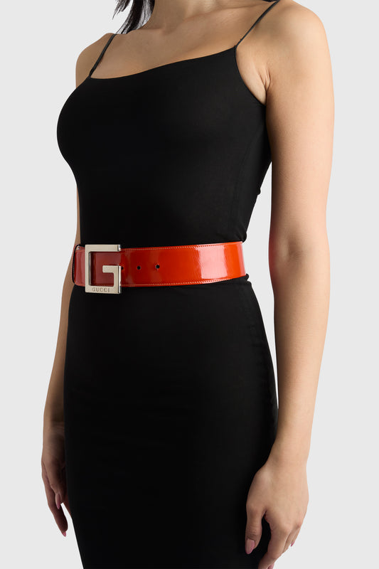 Vintage 1990's Gucci Orange Patent Leather G Logo Belt