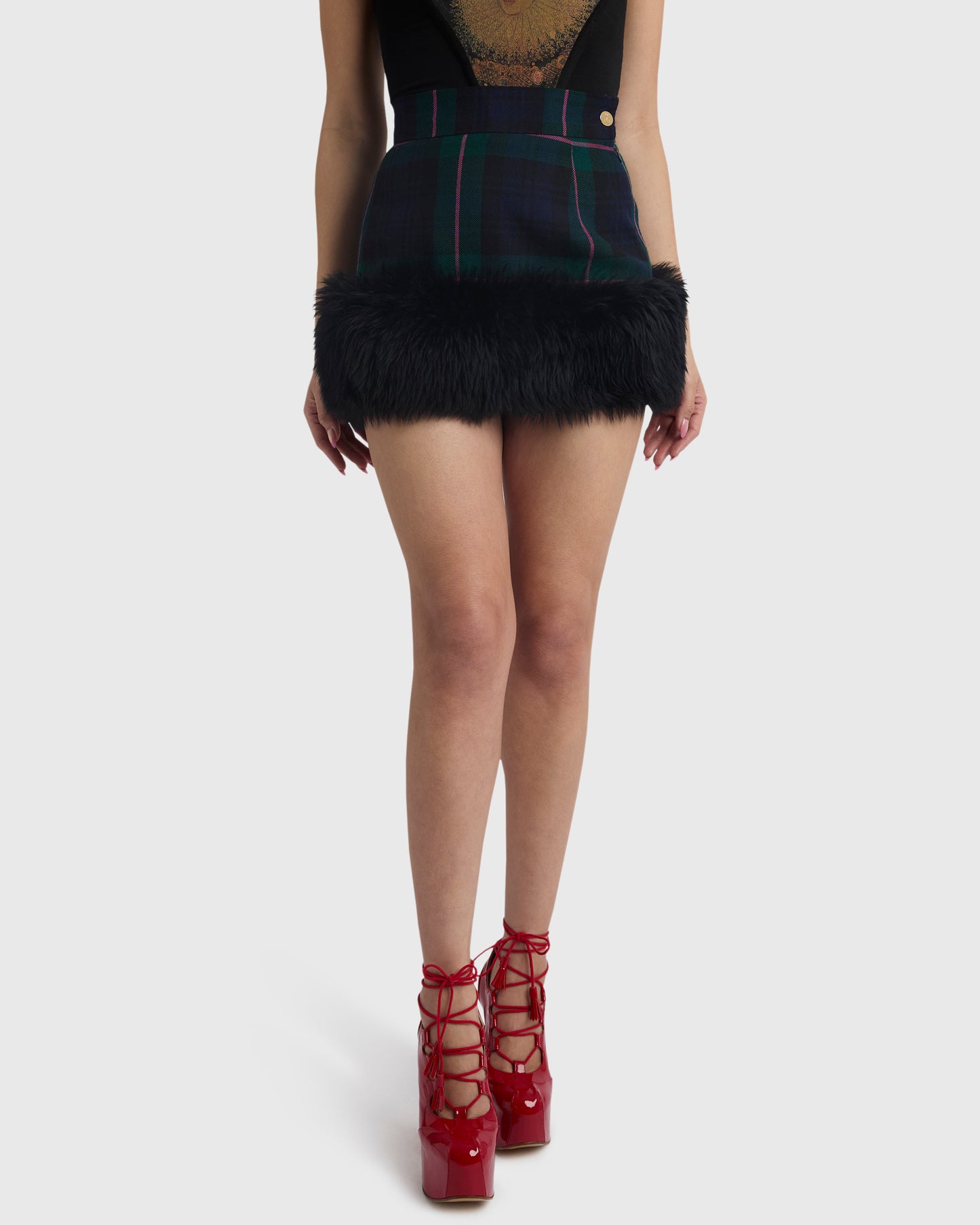 Vintage Vivienne Westwood A/W 1993 Green Tartan Fur Trim Mini Skirt