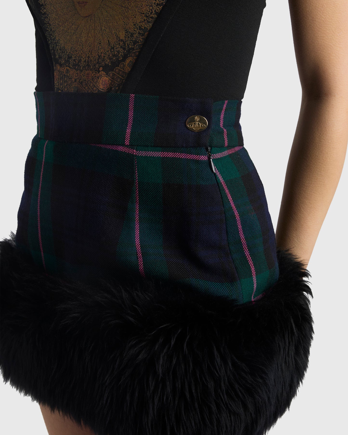 Vintage Vivienne Westwood A/W 1993 Green Tartan Fur Trim Mini Skirt