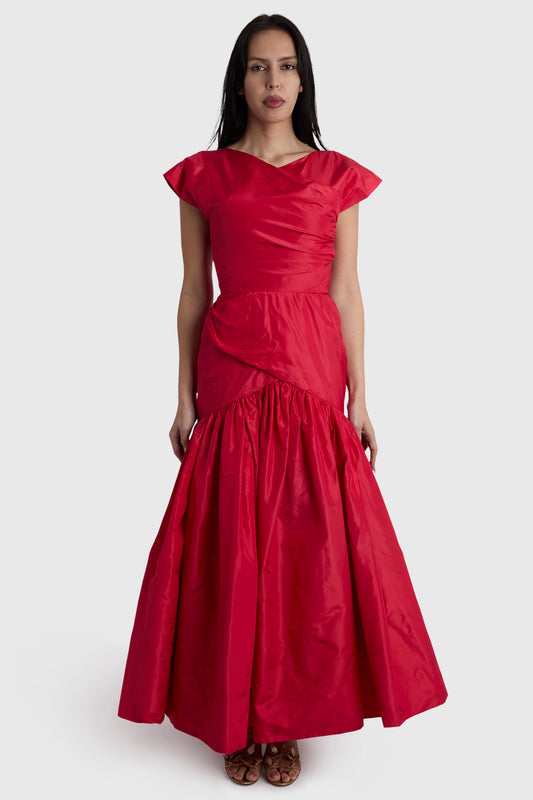 Vintage 1980's Pink-Red Taffeta Evening Gown