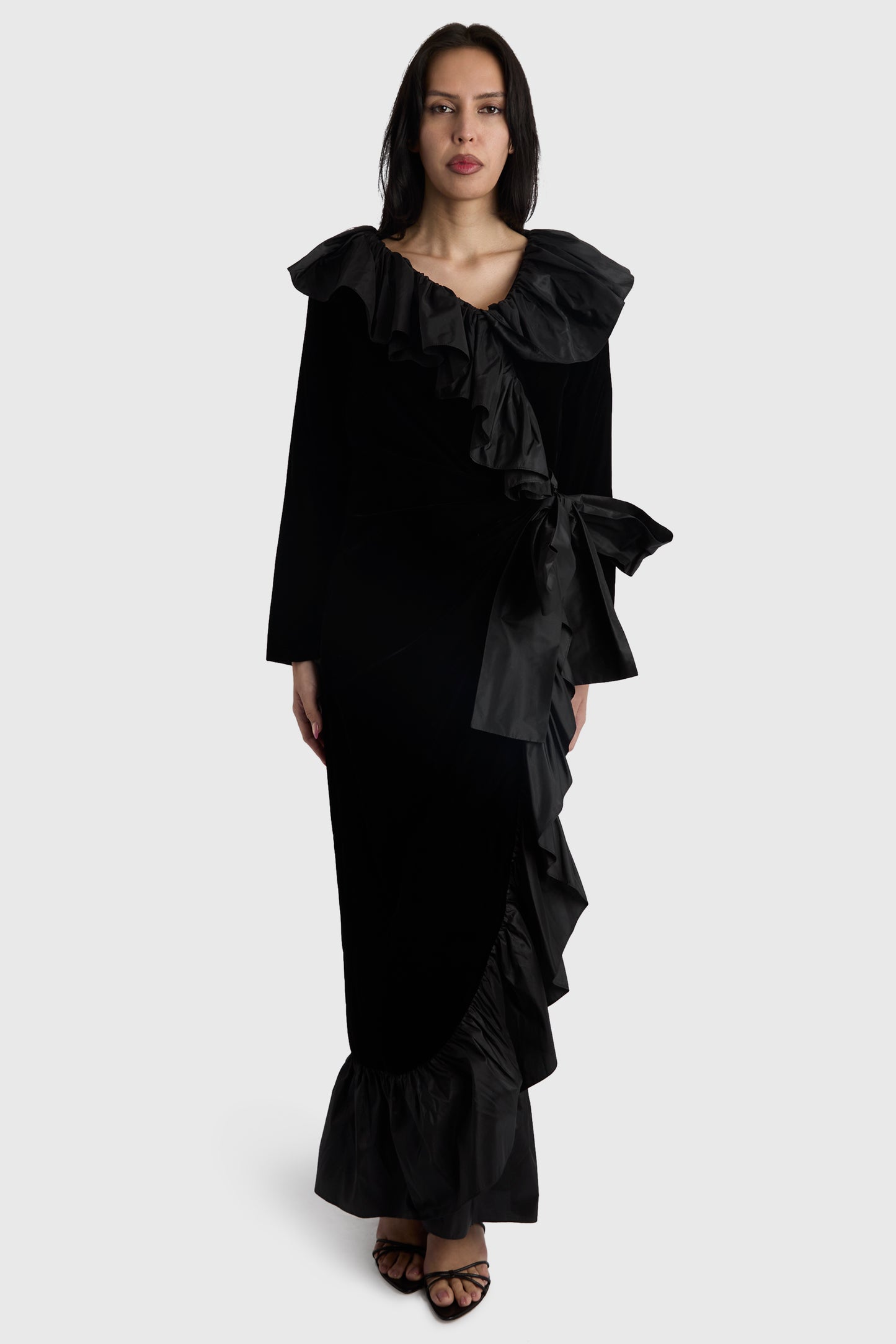 Vintage 1980's Yves Saint Laurent Black Velvet & Taffeta Ruffle Dress
