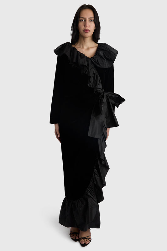 Vintage 1980's Yves Saint Laurent Black Velvet & Taffeta Ruffle Dress