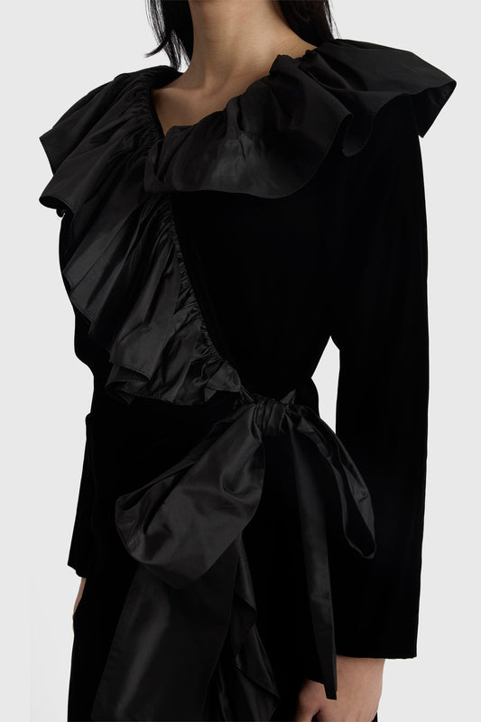 Vintage 1980's Yves Saint Laurent Black Velvet & Taffeta Ruffle Dress