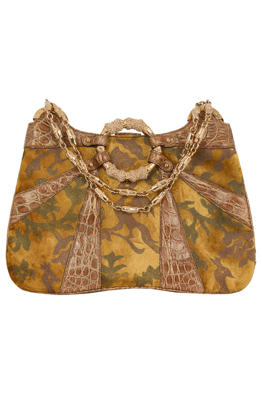 Vintage Gucci F/W 2004 Crocodile & Velvet Gold Dragon Print Shoulder Bag