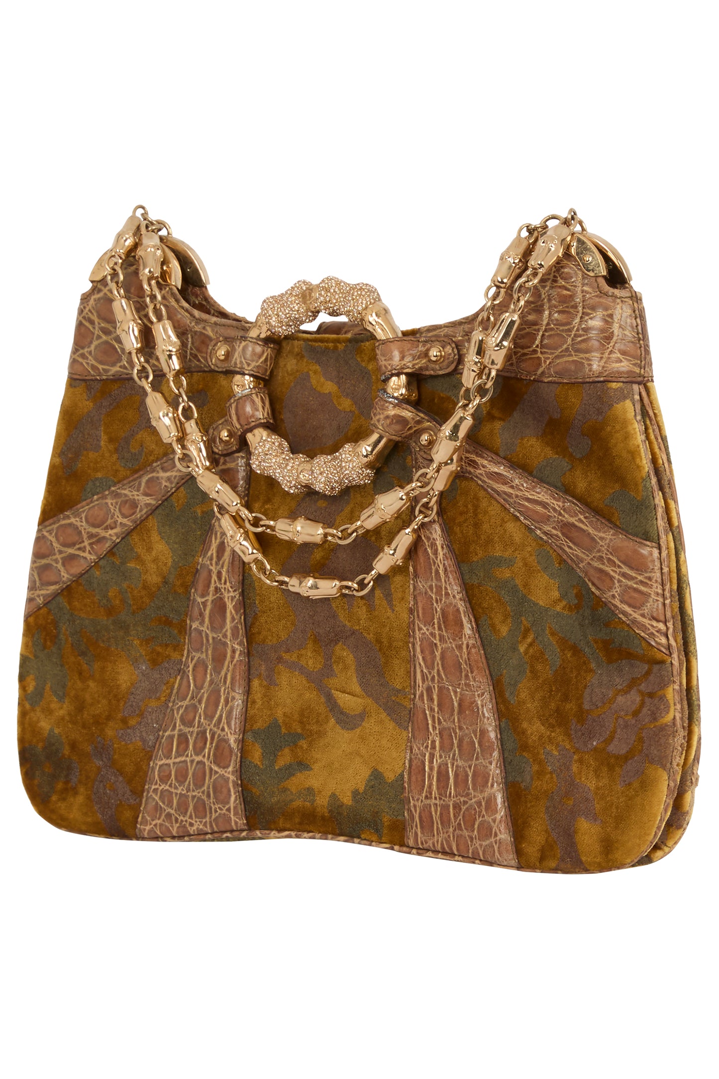 Vintage Gucci F/W 2004 Crocodile & Velvet Gold Dragon Print Shoulder Bag