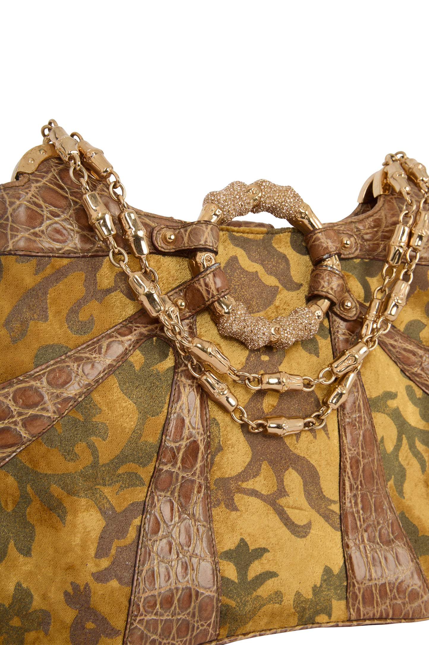 Vintage Gucci F/W 2004 Crocodile & Velvet Gold Dragon Print Shoulder Bag