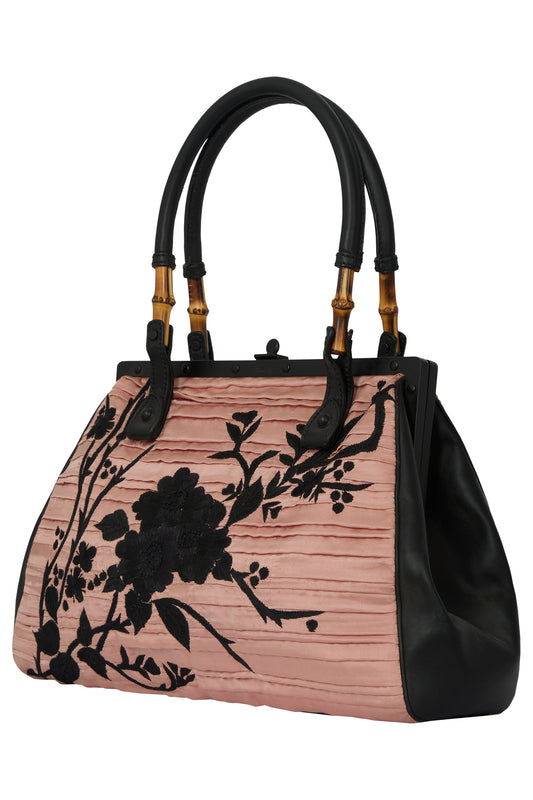 Vintage Gucci S/S 2003 Pink Japanese Flowers With Bamboos Handles Bag