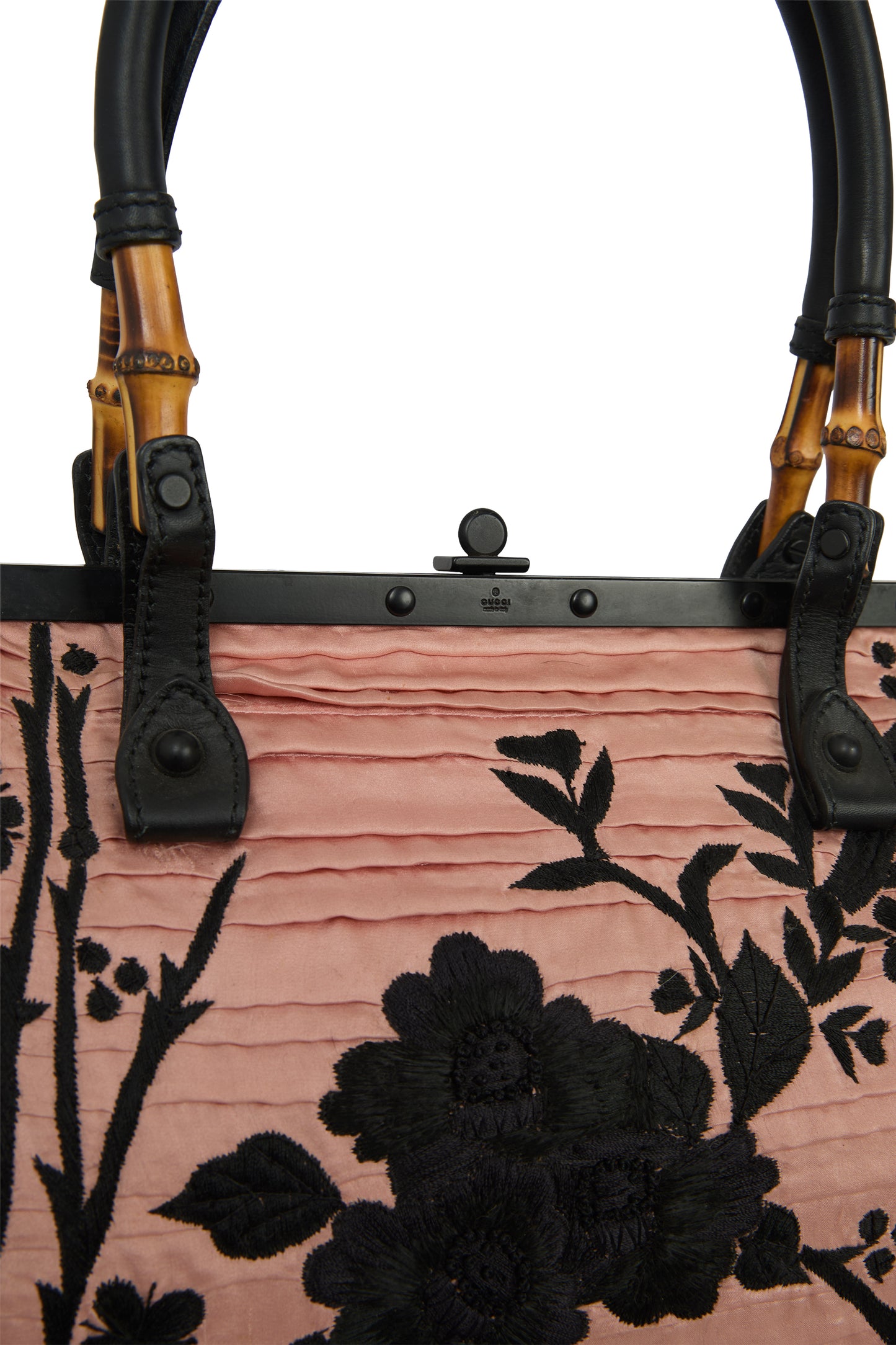 Vintage Gucci S/S 2003 Pink Japanese Flowers With Bamboos Handles Bag