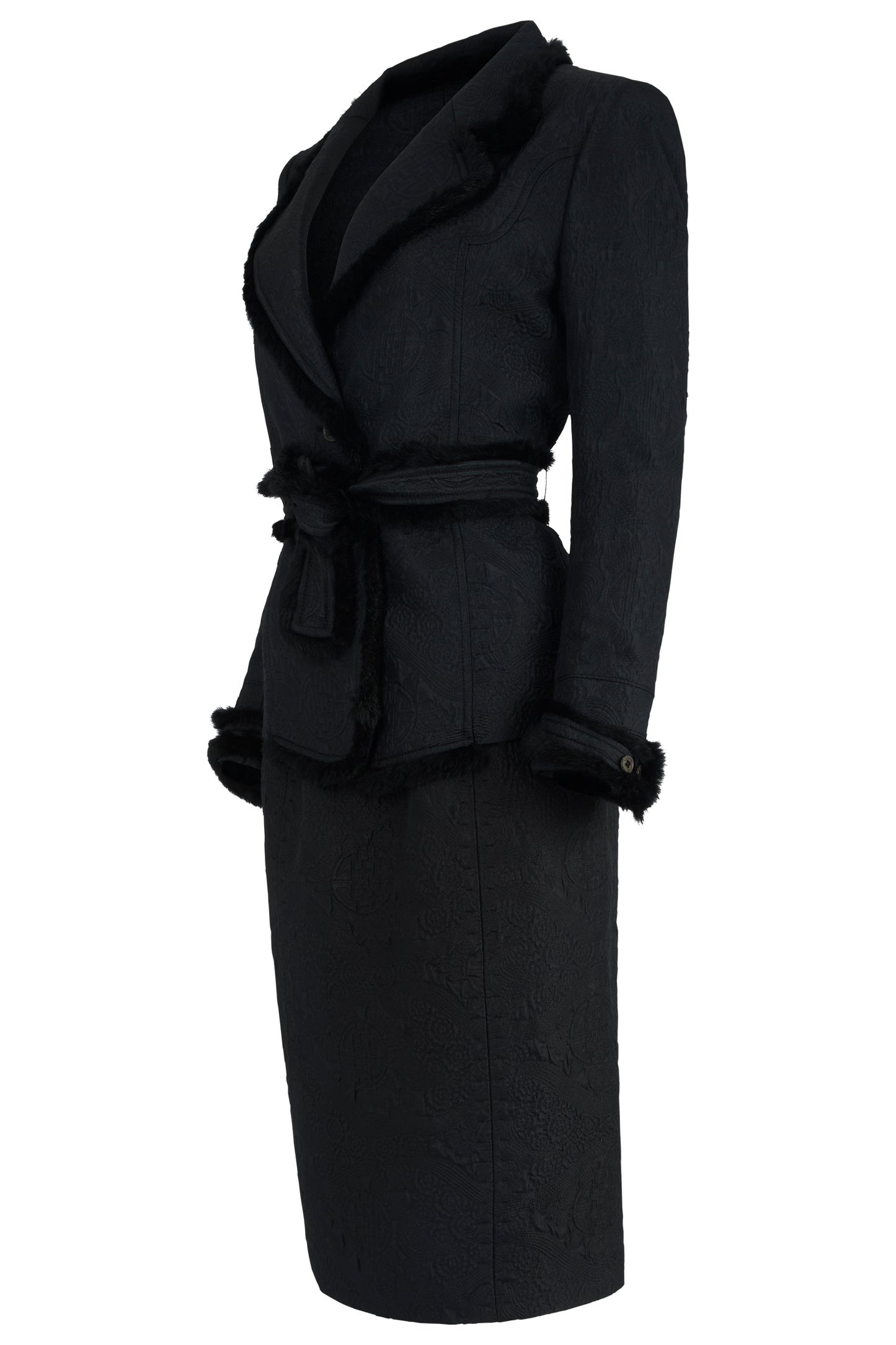 Vintage Yves Saint Laurent F/W 2004 Black Mink Fur Trim Skirt Co Ord Set