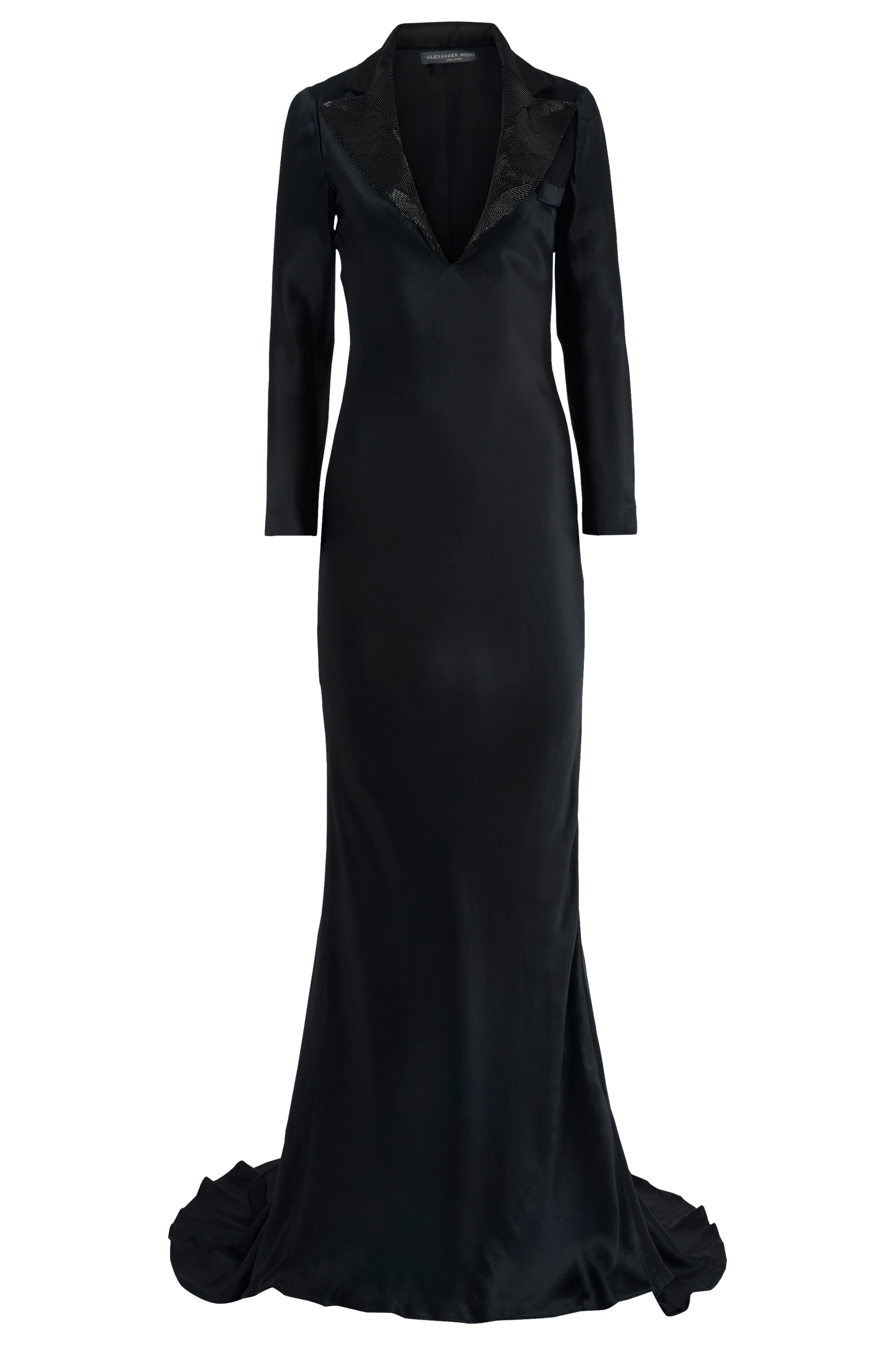alexander mcqueen long black dress Vintage A/W 07 Tuxedo Gown – Nordic Poetry Size:E (12-14) Copley Shoulder Drape Velvet core style There are cutouts at