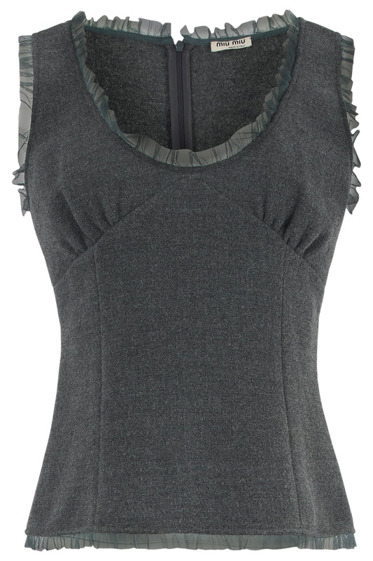 Vintage 2000's Miu Miu Wool Grey Ruffle Fitted Vest