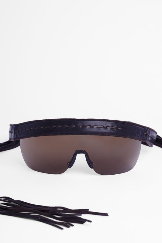 1990's Brown Leather Tassel Shield Sunglasses