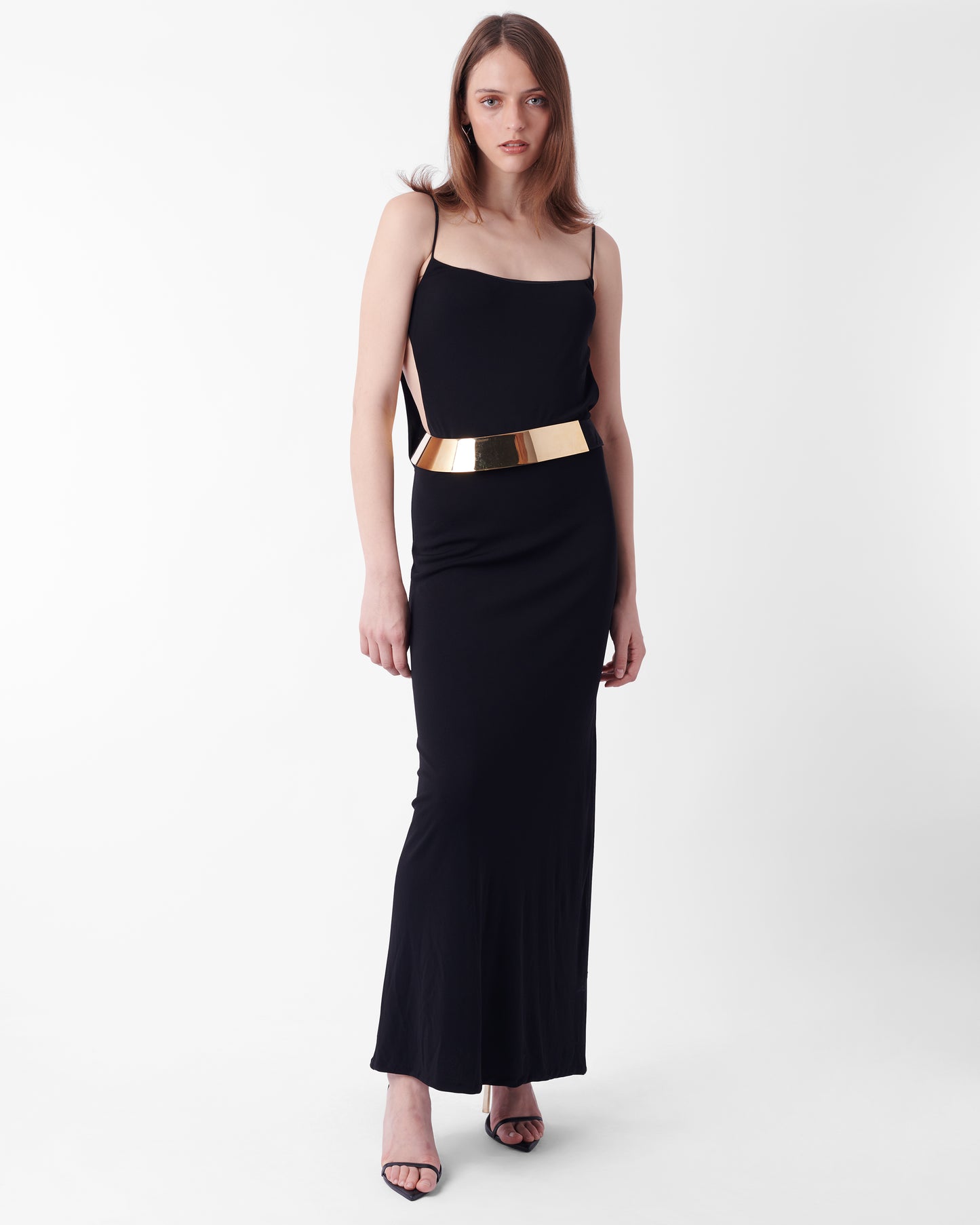 Vintage FW 1996 Runway Black Maxi Strappy Dress With Gold Belt