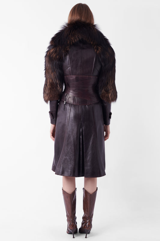 Vintage F/W 2003 Runway Leather Coat with Fur & Leather Corset Belt