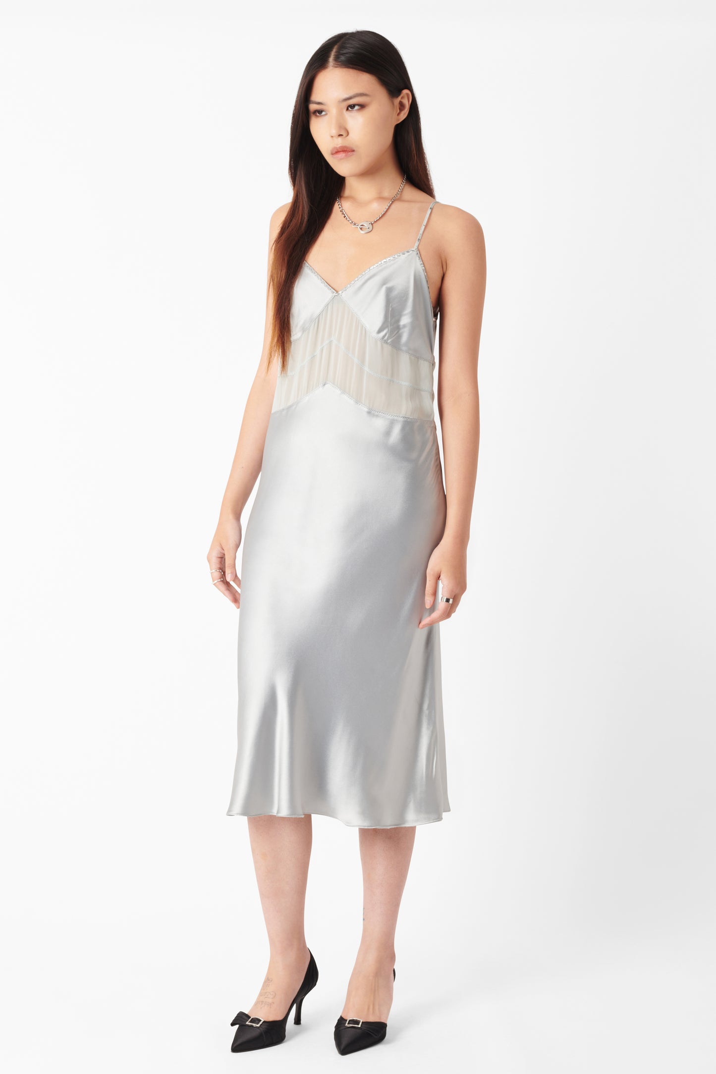 Light Blue Grey Long Satin Slip Dress