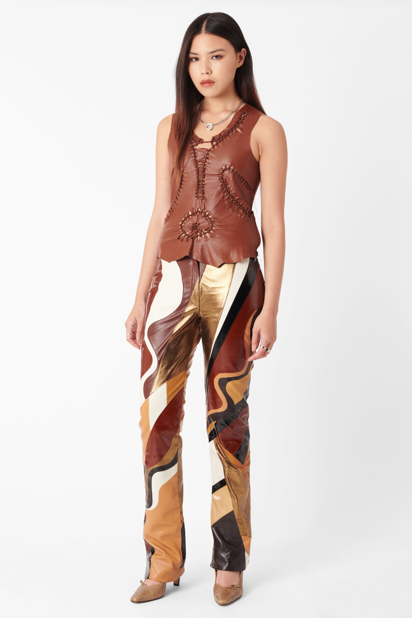 Vintage S/S 2002 Runway Brown Patchwork Leather Trousers