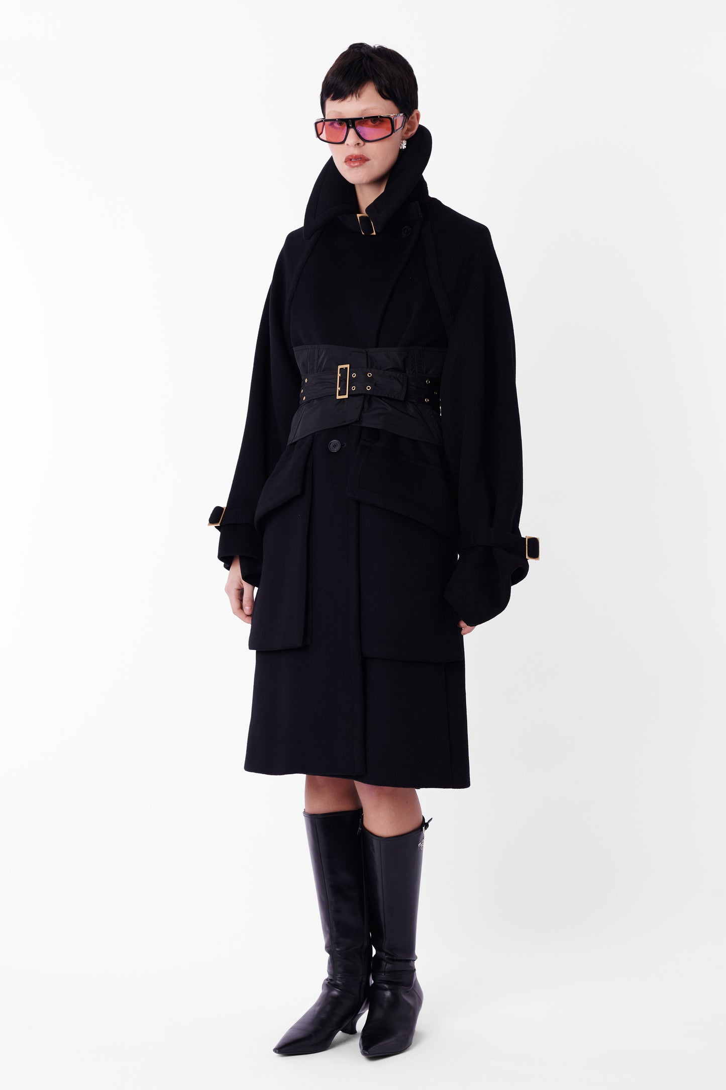 Vintage F/W 2003 Gucci Runway Black Wool Oversize Coat Corset Belt