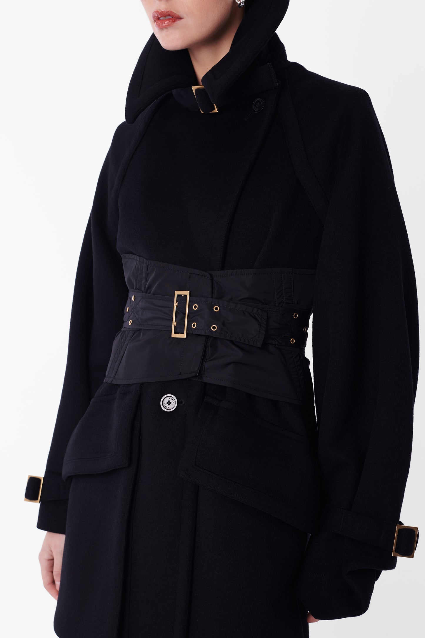 Vintage F/W 2003 Gucci Runway Black Wool Oversize Coat & Corset Belt