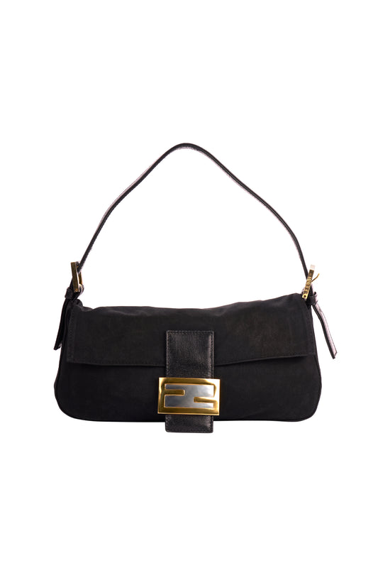 Vintage Fendi 1990's Black Suede Baguette Bag
