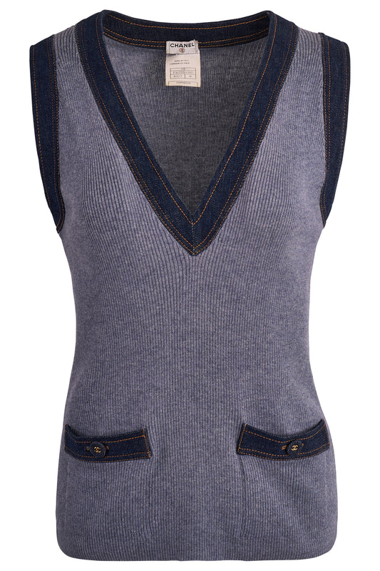 Vintage Chanel Plung V-Neck Denim Cashmere Knit Vest