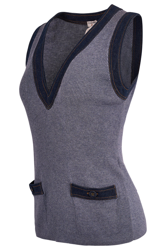 Vintage Chanel Plung V-Neck Denim Cashmere Knit Vest