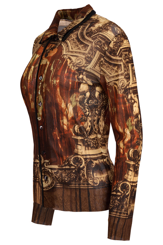 Vintage Jean Paul Gaultier A/W 1998 Gothic Church Print Mesh Shirt
