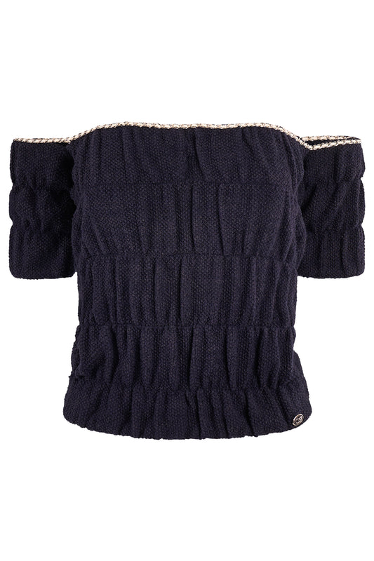 Chanel S/S 2021 Navy Blue Off Shoulder Knit Top