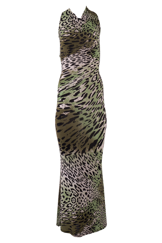 Vintage Roberto Cavalli Green Cheetah Print Maxi Dress
