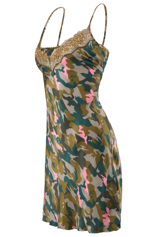 Vintage Blumarine S/S 2010 Camo Silk/Gold Sequins Mini Dress